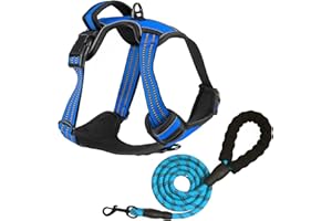 BOKELAI No Pull Dog Harness for Medium Large Dogs Adjustable Reflective Pet Vest with Front Clip Easy Control Handle Breathable Padded Harness with a Lead for Training Walking Blue L