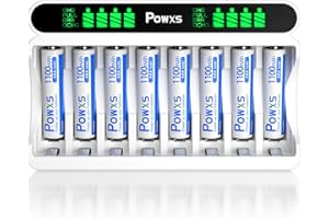 POWXS Batterie Ladegerät mit AAA Akku 1100mAh 8 Stück, 8-Ladeplatz Akku Ladegerät mit LCD Anzeige, 8 Wiederaufladbare Akku AAA, Schnell Akkuladegerät für NI-MH NI-CD AA/AAA Akkus USB & Typ-C Eingang