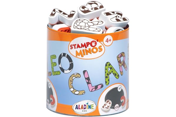 Aladine - 26 Tampons Lettres Alphabet avec Encreur - Tampons Enfant dès 4 ans - Stampominos - Encre Lavable – Pour Écrire Mots Prénom - Activité Enfant Dessin Garçon Fille - Idée Cadeau - 85111