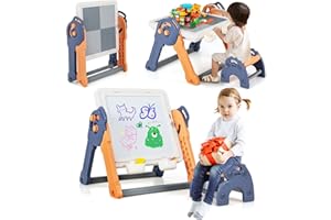 GOPLUS 6 en 1 mesa infantil, mesa infantil, plegable, multiactividad, con tabla doble bloques de construcción, almacenamiento oculto, borrador seco y marcadores, carga 75 + 75 kg para 3 años+ (azul,