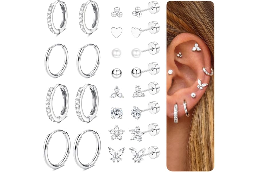 CASSIECA 12Pairs Flat Back Earrings for Women Men Hypoallergenic Surgical Steel Earrings for Sensitive Ears 14K Gold Hoop Stud Sleeper Earrings Flatback Cartilage Tragus Helix Piercing Earrings