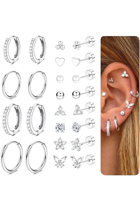 Set 9 Paia Orecchini In Acciaio Chirurgico 316L - Ipoallergenici Per Piercing Multipli | Placcati Oro 14K - Foto 8