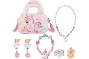 OSDUE Sac Licorne Jouet Bijoux Enfants Fille, Bijoux Enfants Petites Filles Sacs à Main en Peluche Collier Bracelet Boucles d'oreilles Bagues kit Bijoux, Cadeau Fille 2 3 4 5 6 7 Ans