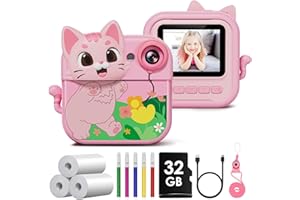 GREENKINDER Appareil Photo Instantané Enfant, 1080P 2.4" Appareil Photo Enfant avec Carte 32GB, Appareils Photos Numériques pour Enfants avec Papier D'impression et DIY Stylos, Cadeau Enfants 3-12 Ans