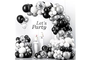 FLETORIN Decorazioni Compleanno 107 Pezzi, Arco Palloncini Nero Argento, Taglie 18 12 10 5 pollici Palloncini Arco Kit Per Feste Compleanno, Baby Shower, Matrimonio, Laurea, Battesimo Bambino Addobbi
