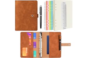 ANOMM Notatnik pierścieniowy A6, pamiętnik ze skóry PU, notatnik do wielokrotnego napełniania, z papierem w kratkę A6, wewnętrznymi kieszeniami i przegrodą indeksową, spiralny segregator do podróży