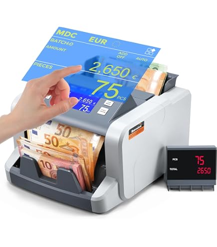 Compteuse De Billets Detectalia V20 - Détection UV/MG/IR - Écran Tactile 4.5" - Multidevise (EUR, USD...) - 1200 Billets/min