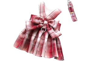 LtuzPet Plaid Dog Dress Bow Tie Harness Leash Set Princess Dog Wedding Dress Puppy Clothes Summer Dog Skirt for Small Medium Dogs Cats Girls