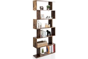 CASART 5/6 Tier Wooden Bookcase, Free Standing Shelving Stand Rack, S-Shaped Bookshelf Storage Display Unit (Brown, 80 x 23 x 192cm)