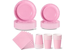 Nkaiso Hellrosa Farbe Partygeschirr, 96 Stück Bunt Pappteller, Party Pappteller Becher Servietten Partyteller Partyset Süße Party, für Feste und Feiern wie Geburtstag