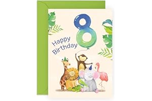 Kartka na 8. urodziny dla chłopca - urocze zwierzęta w dżungli - kartka urodzinowa dla chłopców osiem lat - dla dzieci wnuka siostrzeńca - w zestawie zabawne naklejki - wyprodukowana w Wielkiej Brytanii przez Central 23