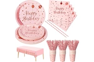 Nkaiso Compleanno Stoviglie per feste Rosa e Rosa Oro 121 Pezzi Carta Set Include Piatti Tovaglioli Tazze Forniture per la Decorazione di feste -24 Ospiti