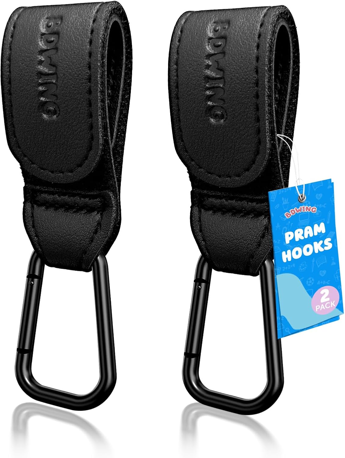 Bdwing 2pcs Buggy Clips for Changing Bag Handbag, Non-Slip PU Leather Pram Hook for Buggy Pram Rocker Stroller Pushchair Rollator Mobility Scooter Universal Accessories Baby Travel Essentials (Black)