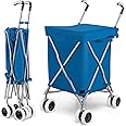 COSTWAY 90L Folding Shopping Trolley, 8-Wheel Large Utility Push Cart with Removable Waterproof Bag and Cover, Metal Lightweight Rolling Grocery Trolley for Mobility (Blue)