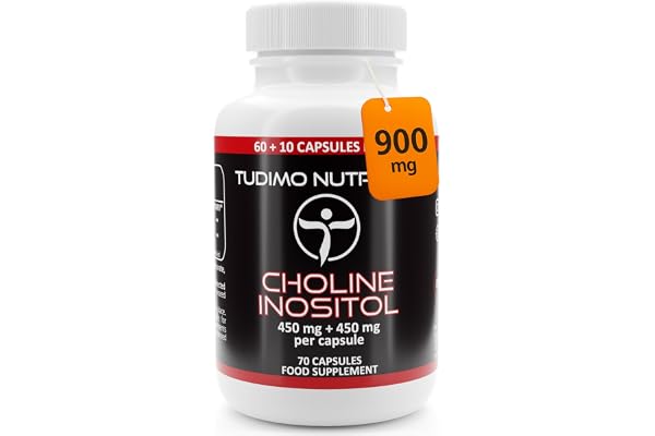Choline et Inositol 900mg (450 mg + 450 mg) - 70 Capsules (2+ mois) à Désintégration Rapide, Chacune avec 450mg Bitartrate de Choline et 450mg d' Inositol en Poudre