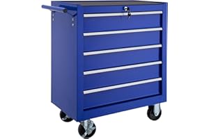 TecTake® Robust Tool Cabinet on Wheels, 5 Lockable Drawers, Anti-Slip Mats, and Parking Brakes. Made from Powder-Coated Steel, a Versatile Storage Box for Tools and Equipment - blue