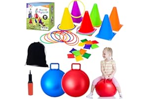 JOY SPOT! 35PCS 4 in 1 Carnival Outdoor Games Combo Set for Kids, Soft Plastic Cones Bean Bags Ring Toss Game, Activity Agility Set with 2 PCS 18" Hopper Balls, Birthday Party Yard Lawn Games