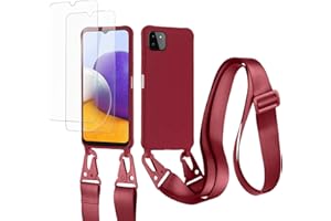 vrupin kompatibel mit Samsung Galaxy A22 5G Handykette Hülle,[2 Stück Schutzfolie 9H Härte Gehärtete Folie].Necklace Hülle Nylon Schultergurt Weich Flüssiges Silikon-rot