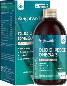 Omega 3 1600mg - Olio di Pesce in Formato Liquido 250ml - Omega 3 6 9, EPA,  DHA - Integratore Omega 3 con Vitamina D3, A, E, K2, Q10 - Omega -