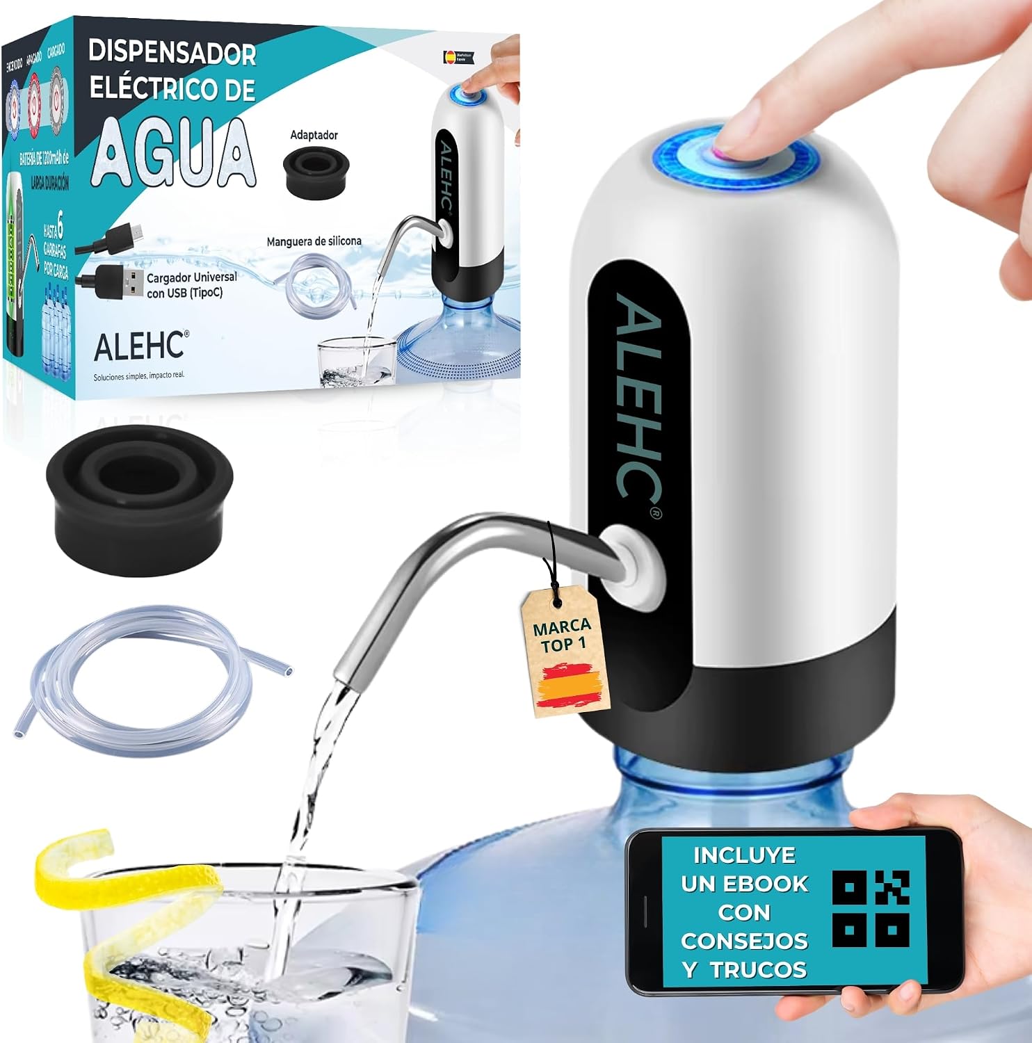 ALEHC® Dispensador de Agua Eléctrico para Garrafas - 8-20L – Bomba de Agua Recargable USB-C con Manguera de Silicona Alimentaria y Adaptador – Portátil para Casa, Oficina, Camping – Sin BPA