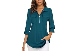 Gemulate Womens Tops 3/4 Sleeve Tops for Women Polo Top Floral Printed Shirts with Zip Up V Neck Tunic Blouse Basic Tops