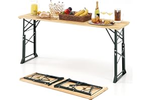 GIANTEX Table à Manger Pliante en Bois de 168,5 x 50 cm, Hauteur Réglable 75-105 cm, Trou pour Parasol Ø 6 cm, Cadre Métallique Robuste, Table de Pique-Nique pour Jardin Terrasse