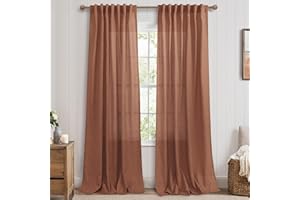 MRS.NATURALL Bohemian Curtains for Living Room,Back Tab Boho Farmhouse Linen Semi Sheer Terracotta Curtain Drapes 90 Inches Long for Bedroom 2 Panels Set,Cool Maximalist Rust Decor,Cortinas Para Salas Modernas