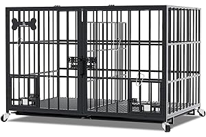 GARDEN 4 YOU 47 in Dog Crate Heavy Duty Dog Crate-XL Dog Cage for Large Dogs,DogCrate Furniture for Doggy Indoor with Wheels,Floor Grid, Tray, Divider and Feeding Bowl,Black(120x74x68cm)