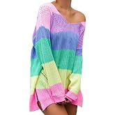 Pullover for Women Trendy Rainbow Colour Block Off The Shoulder Long Sleeve Loose Knitted Jumper Tops