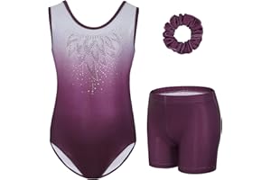 Gogokids Ensemble de Gymnastique Trois Pièces pour Filles, Justaucorps Sans Manches avec Shorts et Bandeau, Tenue de Gymnastique avec Design de Couleur Scintillants Dégradée pour 3 à 12 Ans