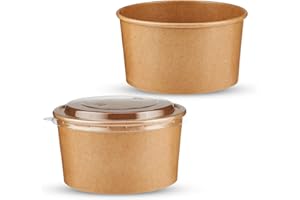 CHEF ROYALE 20 cuencos de papel kraft de 500 ml con tapas, cuencos desechables y reutilizables para llevar para alimentos fríos y calientes, recipientes de sopa a prueba de fugas, cuencos de embalaje