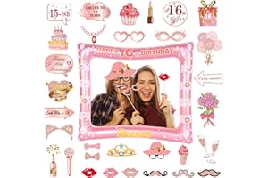 FEYG 16th Brithday Decoration, Rose Gold 16th Birthday Inflatable Selfie Photo Booth Frame with 16th Birthday Photo Booth Props, Giant Inflatable Photo Booth Frame for Girls Her Birthday Party Decoration