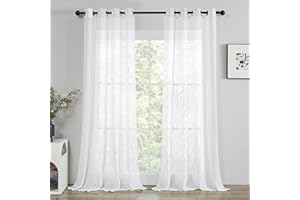 Deconovo Tende per Interni con Anelli, Tende Voile Semi-Trasparenti Moderne per Finestre Camera da Letto Soggiorno in Finto Lino 2 Pezzi, 140x290 CM Bianco