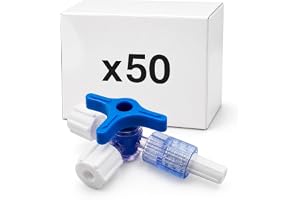 KMINA Trevägskranar Luer Lock Sterila utan Förlängning, Latexfria | 50 st, Medicinsk Avstängningsventil i Transparent Polykarbonat, Lipidresistent, med Proppar och 360° Vridning