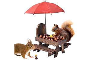 LEKEFETO Scoiattolo casetta con ombrello: tavolo da picnic in legno con supporto per pannocchie, resistente alle intemperie, per scoiattoli Chipmunk Wildlife
