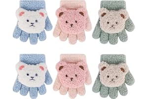 Jupsk 3 Pares Guantes de Invierno para Niñas, Guantes Térmicos Dedos Completos Manopla para Infantiles Niño Pequeño 1-3 Años （Oso