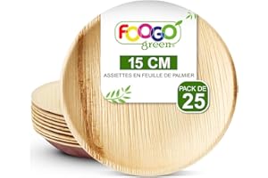FOOGO Green 25pcs Assiettes Jetables Feuille de Palmier, 15cm Petites Rondes, Écologique Biodégradable Compostable Comme Assiettes Bois, Bambou, Papier, Plats Chauds, Mariage, Pique-Nique, Fête