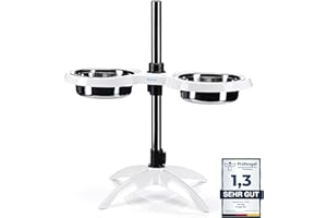 PetTec Ciotole per Cibo e Acqua - Doggy Bar con Rialzo Regolabile - Supporto Rialzato per Mangiare e Bere per Animali Domestici - Base Antiscivolo, Ciotole in Acciaio Inossidabile - 1,6L Bianco