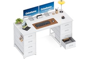 Coleshome Biurko z 8 szufladami z materiału, 120 x 48 cm, białe biurko z miejscem do przechowywania, biurko komputerowe ze słuchawkami, stół biurowy, stół biurowy do biura, salonu, biura domowego