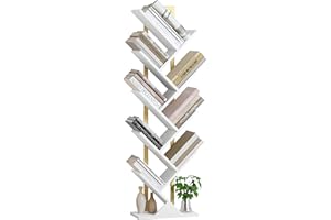 Yusong Tree Bookshelf, Floor Standing Bookcase with Steel Pipe for Living Room Bedroom, Organizer Shelves for Home Office (Gold and White, 9 Tier)