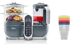 Babymoov Nutribaby(+) Gris + Lot de 6 pots de conservation Babybols 250ml - Robot Multifonctions pour Bébé 6 en 1 - Cuiseur vapeur - Mixeur - Idéal Batchcooking