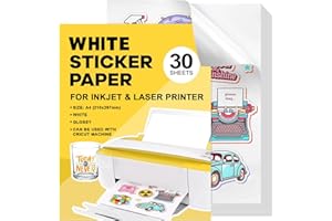 GUOSIYAO Blanco Papel Adhesivo Para Imprimir Adhesivo 30Pcs A4 Imprimible impermeable Pegatina Para Imprimir Para Impresoras Láser y De Inyección De Tinta Secado Rápido 21 * 30cm(Blanco-impermeable)