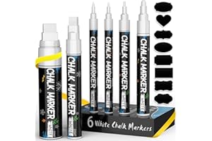 ANYUKE Weiße Kreidestifte für Tafel Abwaschbar | 6 Kreidemarker 1mm, 3mm, 6mm, 10mm & 15mm Spitze und 45pcs Labels| für Fenster Weihnachten, Kreidetafel, Glas,| Tafelstift & Fensterstifte
