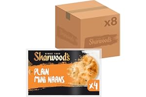 Sharwood's Plain Mini Naans – Authentic Flame-Baked Indian Flatbreads With Kalonji Seeds, Soft Texture, Vegetarian Friendly, 4 Per Pack (Pack of 8, Total 32 Naans)