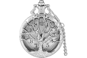 Tiong Pocket Watch Hollow Tree of Life Design Roman/Arabic Numerals Quartz Pocket Watches with Chain Pendant for Men Women