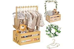 MOCOLI Panier En Bois Pour BéBé, Cadeaux De Baby Shower Cadeau Pour Nouveau-Né Avec Rotin Rose Blanc Et 5 Cintres Pour Baby Shower De Nouveau-Né Nouveaux Parents