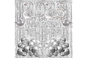 IWHEAT Happy New Year Deko 2025, Silvester Dekoration 2025, Happy New Year 2025 Folienballon Banner, Silber Lametta Vorhang, Silber Konfetti Luftballons für Silvesterpartydeko Neujahrsdeko Accessoire