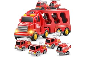 TEMI Feuerwehrauto Spielzeug für 3 4 5 6 Jahre Jungen Mädchen,5 in 1 Träger LKW für Kleinkinder 1-3, Reibung Power Auto Spielzeug für Kinder 3-5, Weihnachts-Geburtstagsgeschenke für Alter 3-9