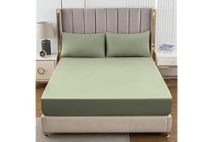 Soifox Double Fitted Sheet Sage Green - Bed Sheets with Extra Deep Pocket 16 inch (40 cm), Soft Microfiber Bottom Sheet for Double Bed, 135x190cm