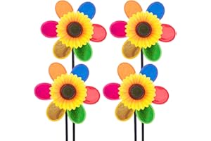 QUACOWW 4 Pieces Garden Pinwheel, Sequin Sunflower Wind Spinner, Plastic Rainbow Pinwheel, Rainbow Windmills Flower Pinwheel DIY Windmill for Garden Home Patio Lawn Yard Outdoor Decoration